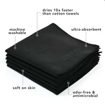 DRYKI Sweat Absorbing Handkerchiefs - Quick-Dry Microfiber Sweat Rags & Towels for Face, Hands, & Body - Perfect for Gym, Sports, and Work (Classic Black, 5 Pack)