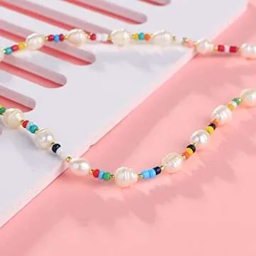 KELITCH Pearl Choker Necklace - Colorful Seed Bead Beach Style
