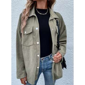 Astylish Womens Fall Fashion 2024 Blouses Button Down Shirts Waffle Knit Casual Cute Trendy Collared Jackets with Pockets Green X-Large