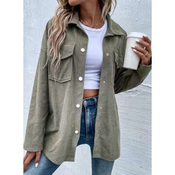 Astylish Womens Fall Fashion 2024 Blouses Button Down Shirts Waffle Knit Casual Cute Trendy Collared Jackets with Pockets Green X-Large