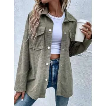 Astylish Womens Fall Fashion 2024 Blouses Button Down Shirts Waffle Knit Casual Cute Trendy Collared Jackets with Pockets Green X-Large