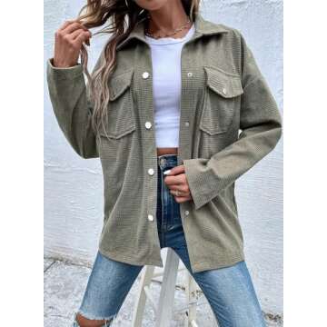 Astylish Womens Fall Fashion 2024 Blouses Button Down Shirts Waffle Knit Casual Cute Trendy Collared Jackets with Pockets Green X-Large