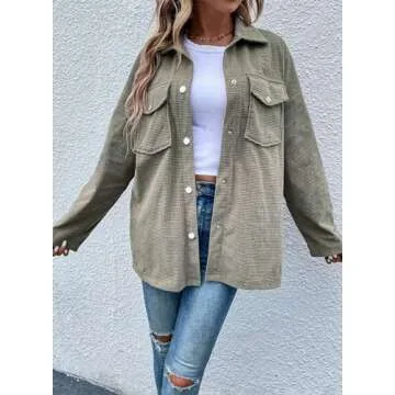 Astylish Womens Fall Fashion 2024 Blouses Button Down Shirts Waffle Knit Casual Cute Trendy Collared Jackets with Pockets Green X-Large