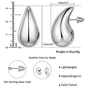 KissYan Chunky Gold Hoop Earrings for Women, 14K Gold Plated Lightweight Hollow Open Hoops Thick Teardrop Earrings Sterling Silver Post Fashion Jewelry Gifts(Style8-Silver)