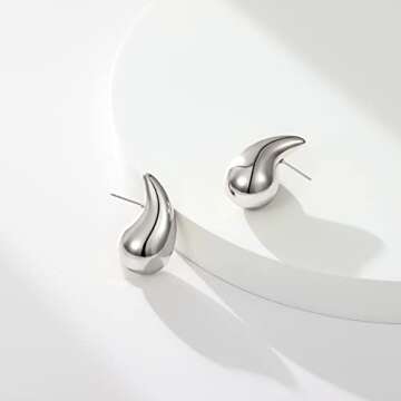 KissYan Chunky Gold Hoop Earrings for Women, 14K Gold Plated Lightweight Hollow Open Hoops Thick Teardrop Earrings Sterling Silver Post Fashion Jewelry Gifts(Style8-Silver)