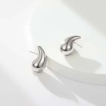 KissYan Chunky Gold Hoop Earrings for Women, 14K Gold Plated Lightweight Hollow Open Hoops Thick Teardrop Earrings Sterling Silver Post Fashion Jewelry Gifts(Style8-Silver)