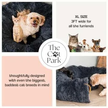 Large Cat Cave Tunnel Bed - Cat Donut Tunnel Bed with Soft Mat and Plush Ball Toy - Fluffy Cat Tube & Peekaboo Cat Cave Donut - 3 ft Collapsible Cat Tunnels for Indoor Cats, Dark Gray, Cat Park