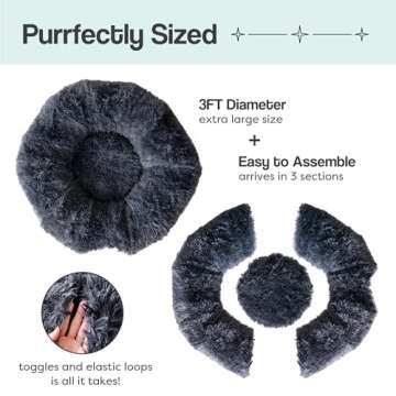 Large Cat Cave Tunnel Bed - Cat Donut Tunnel Bed with Soft Mat and Plush Ball Toy - Fluffy Cat Tube & Peekaboo Cat Cave Donut - 3 ft Collapsible Cat Tunnels for Indoor Cats, Dark Gray, Cat Park