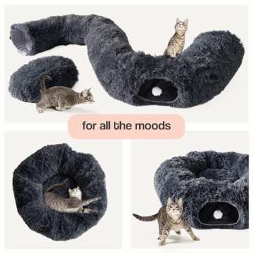 Large Cat Cave Tunnel Bed - Cat Donut Tunnel Bed with Soft Mat and Plush Ball Toy - Fluffy Cat Tube & Peekaboo Cat Cave Donut - 3 ft Collapsible Cat Tunnels for Indoor Cats, Dark Gray, Cat Park