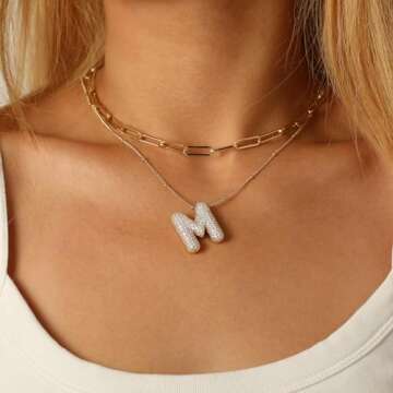 Ascona Bubble Letter Necklace Gold, Balloon Initial K Layering Layered Necklaces Rhinestone Letter Pendant Chain Stacked Necklaces for Women Jewelry Gift