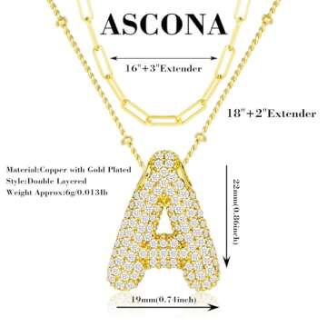 Ascona Bubble Letter Necklace Gold, Balloon Initial K Layering Layered Necklaces Rhinestone Letter Pendant Chain Stacked Necklaces for Women Jewelry Gift