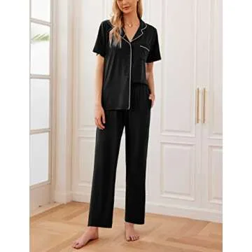 Ekouaer Women Pajamas Set Button Down Sleepwear Short Sleeve Nightwear with Long Pants Soft Pjs Set S-XXL Black S
