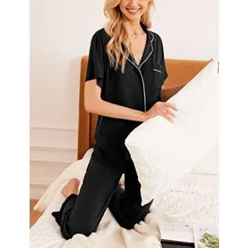 Ekouaer Women Pajamas Set Button Down Sleepwear Short Sleeve Nightwear with Long Pants Soft Pjs Set S-XXL Black S