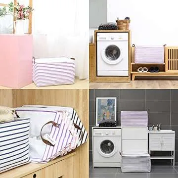 Hinwo 70L Extra Large Storage Bins, Closet Organizers and Storage, Foldable Clothes Storage Baskets with Handles, Containers for Clothing, Blanket, Comforters, Toys, Bedding (Purple Stripe)