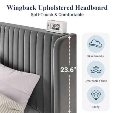 Allewie King Size Velvet Bed Frame/Vertical Channel Tufted Wingback Headboard/Upholstered Platform Bed/No Box Spring Needed/Strong Wooden Slats/Easy Assembly/Grey