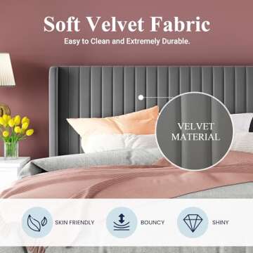 Allewie King Size Velvet Bed Frame/Vertical Channel Tufted Wingback Headboard/Upholstered Platform Bed/No Box Spring Needed/Strong Wooden Slats/Easy Assembly/Grey