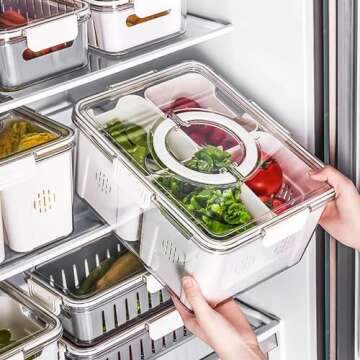 shopwithgreen Fruit Storage Containers for Fridge with Lid and Handle, Portable Fresh Produce Saver, Food Box Container with 4 Removable Colanders for Berry, Vegetable, Refrigerator Organizer Bins