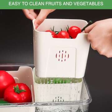 shopwithgreen Fruit Storage Containers for Fridge with Lid and Handle, Portable Fresh Produce Saver, Food Box Container with 4 Removable Colanders for Berry, Vegetable, Refrigerator Organizer Bins