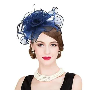 2025 Kentucky Derby Hats for Women Girls Ladies, Organza Church Tea Party Wedding Fascinator Hat UV Protection Sun Hat Dark Blue