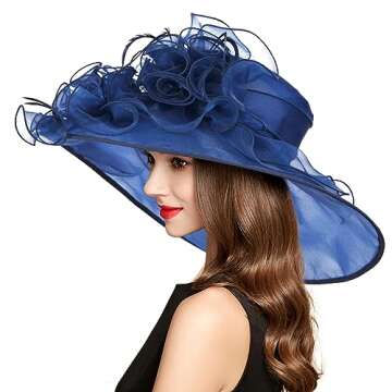 2025 Kentucky Derby Hats for Women Girls Ladies, Organza Church Tea Party Wedding Fascinator Hat UV Protection Sun Hat Dark Blue