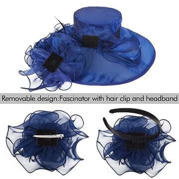2025 Kentucky Derby Hats for Women Girls Ladies, Organza Church Tea Party Wedding Fascinator Hat UV Protection Sun Hat Dark Blue