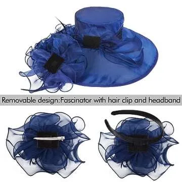 2025 Kentucky Derby Hats for Women Girls Ladies, Organza Church Tea Party Wedding Fascinator Hat UV Protection Sun Hat Dark Blue