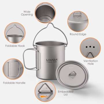 Lixada Titanium Water Mug Cup with Lid and Foldable Handle Ultralight 750ml Titanium Pot Portable Outdoor Camping Cooking Picnic