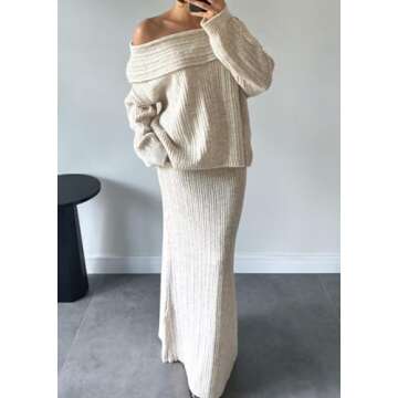 Kwunbwa Skirt Sets Women 2 Piece Outfits Off Shoulder Long Sleeve Sweater Bodycon Maxi Skirt Fall Knit Sweater Set