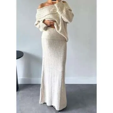 Kwunbwa Skirt Sets Women 2 Piece Outfits Off Shoulder Long Sleeve Sweater Bodycon Maxi Skirt Fall Knit Sweater Set