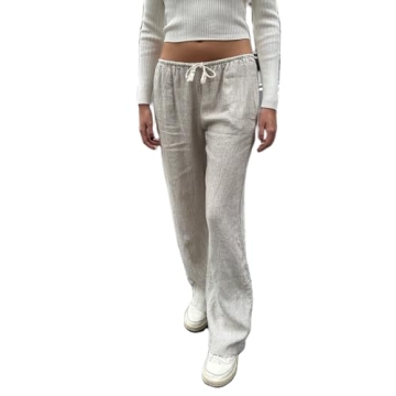 HOXIJIA Women Casual Striped Print Long Pants Elastic High Waist Loose Fit Straight Wide Leg Trouser...