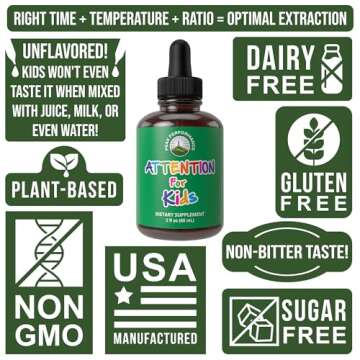 Kids Focus Drops. Attention Deficit Liquid Supplement for Concentration, Attention, Brain, Memory. No Bitter Taste. Natural Non-Habit Forming Sugar Free 7-in-1 Vegan Nootropic for Children, Teenagers