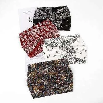 7'' Boho Wide Headbands Turban Twist Knotted Headband Floral Printed Hair Bands Sweat Workout Sport Yoga Hair Accessories for Women and Girls, 4 Pack