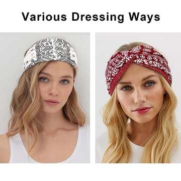 7'' Boho Wide Headbands Turban Twist Knotted Headband Floral Printed Hair Bands Sweat Workout Sport Yoga Hair Accessories for Women and Girls, 4 Pack