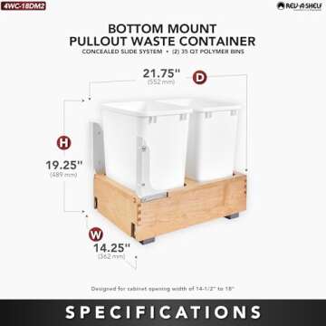 Rev-A-Shelf Double 35 Qt Wood Bottom Mount Pullout Under Cabinet Trash Can Waste Container with Full...