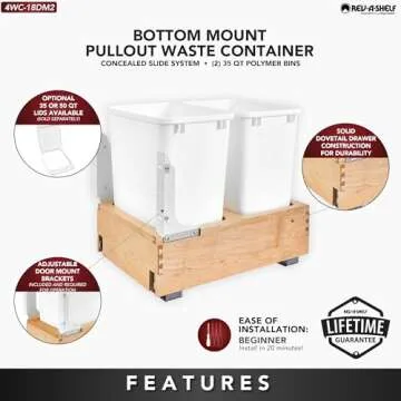Rev-A-Shelf Double 35 Qt Wood Bottom Mount Pullout Under Cabinet Trash Can Waste Container with Full Extension Ball Bearings, Maple Wood, 4WC-18DM2