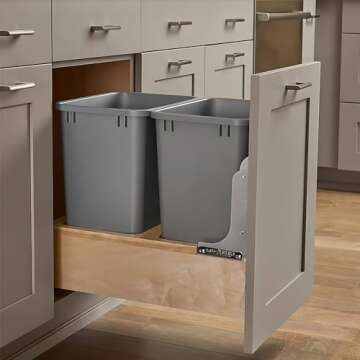 Rev-A-Shelf Double 35 Qt Wood Bottom Mount Pullout Under Cabinet Trash Can Waste Container with Full Extension Ball Bearings, Maple Wood, 4WC-18DM2