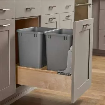 Rev-A-Shelf Double 35 Qt Wood Bottom Mount Pullout Under Cabinet Trash Can Waste Container with Full Extension Ball Bearings, Maple Wood, 4WC-18DM2