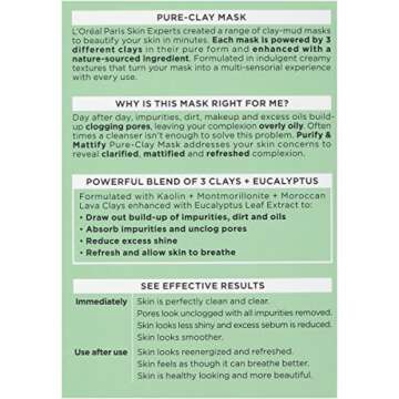 L'Oréal Paris Skincare Pure-Clay Face Mask with Eucalyptus for Oily and Shiny Skin to Purify and Matify, 1.7 Ounce (Pack of 1)