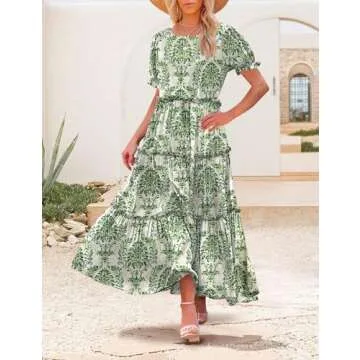 YESNO Summer Casual Bohemian Floral Dresses for Women Puff Short Sleeve Long Maxi Dress with Pockets (XL ETX CR425)