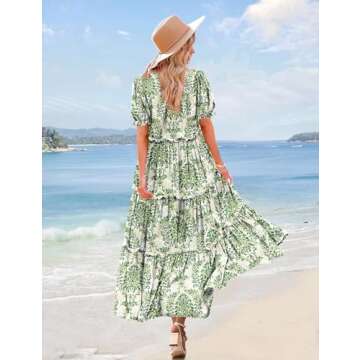 YESNO Summer Casual Bohemian Floral Dresses for Women Puff Short Sleeve Long Maxi Dress with Pockets (XL ETX CR425)