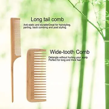 Bamboo Hair Brush and Comb Set - Eco-Friendly Anti-Static Detangling Brush and Combs for Women and Men, Massage Wooden Brushes for Thick, Thin, Curly, Straight, Dry or Wet Hair
