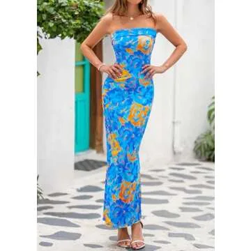 PRETTYGARDEN Womens Summer Printed Tube Maxi Dress Strapless Bodycon Sleeveless Night Out Long Dresses (Floral Light Blue,XX-Large)