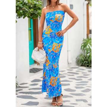 PRETTYGARDEN Womens Summer Printed Tube Maxi Dress Strapless Bodycon Sleeveless Night Out Long Dresses (Floral Light Blue,XX-Large)