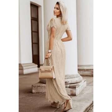 MEROKEETY Women's 2024 V Neck Short Sleeve Floral Lace Wedding Dress Bridesmaid Cocktail Party Maxi Dress, Apricot, X-Large