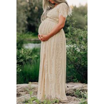 MEROKEETY Women's 2024 V Neck Short Sleeve Floral Lace Wedding Dress Bridesmaid Cocktail Party Maxi Dress, Apricot, X-Large