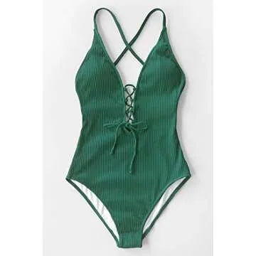CUPSHE Women's Solid Color V Neck Lace Up One Piece Swimsuit, L
