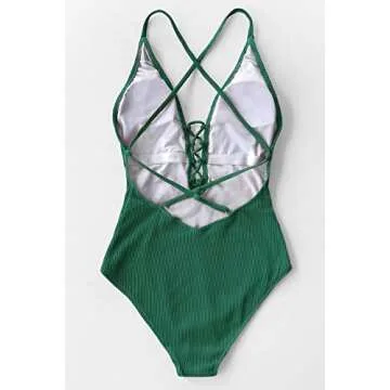 CUPSHE Women's Solid Color V Neck Lace Up One Piece Swimsuit, L