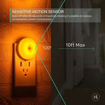 Amber LED Motion Sensor Night Lights, Movement Detection Nightlight Plug in, Energy Efficient, Slim, Round Diffused Amber Light, Night Light for Bathroom, Bedroom, Kitchen, Hallway, Stairway, 2 Pack