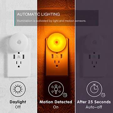 Amber LED Motion Sensor Night Lights, Movement Detection Nightlight Plug in, Energy Efficient, Slim, Round Diffused Amber Light, Night Light for Bathroom, Bedroom, Kitchen, Hallway, Stairway, 2 Pack