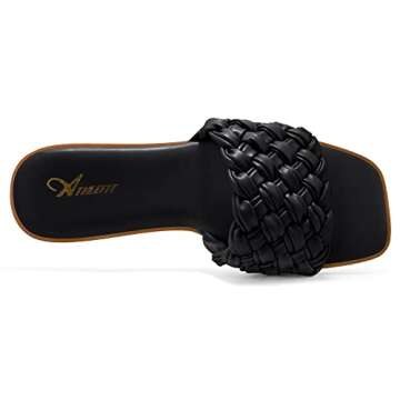 Athlefit Women's Square Open Toe Sandals Summer Casual Braided Strap Flat Slip On Slides Slippers Black Size 7.5